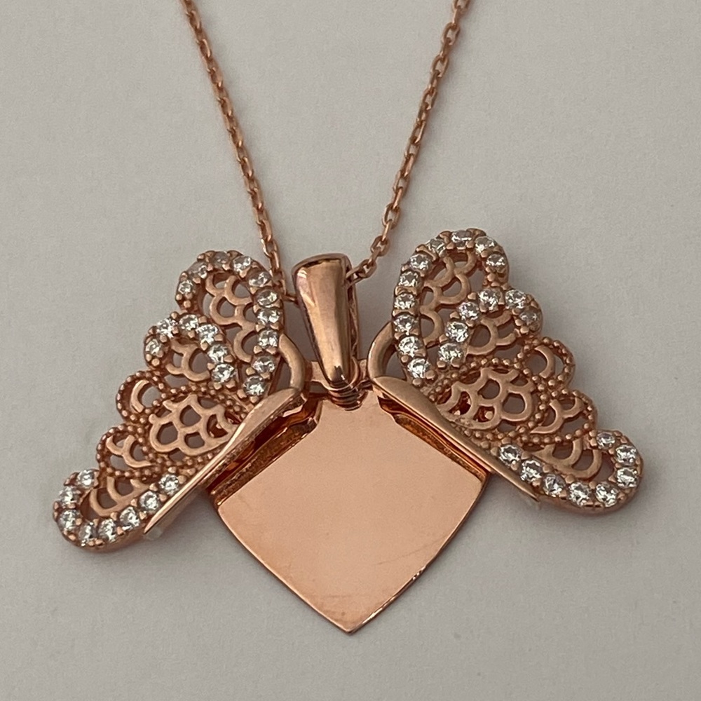 925 Silver butterfly initial cz double heart necklace 14K rose gold plat…